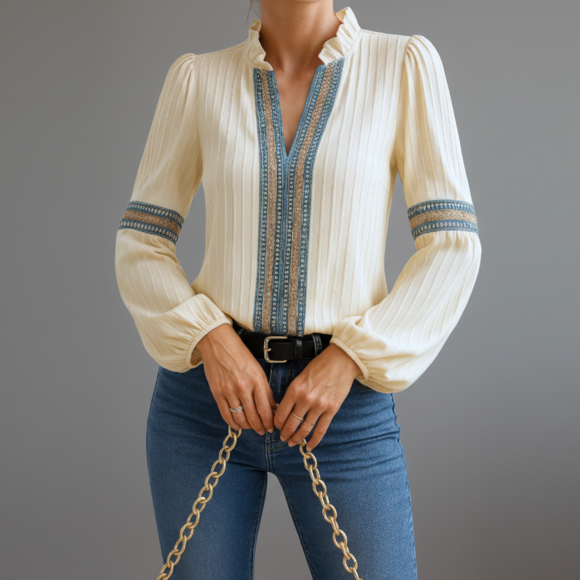 Elegant Blouse with Embroidered Trim and Puff Sleeves