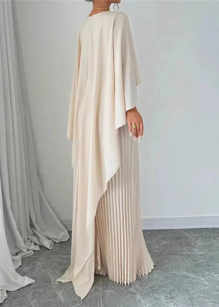 Elegant Cape Sleeve Pleated Maxi Dress with Round Neck