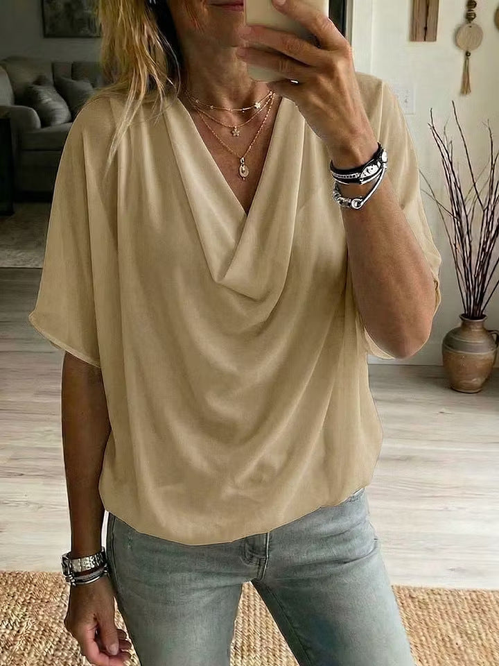 Elegant Cowl Neck Blouse with Short Sleeves