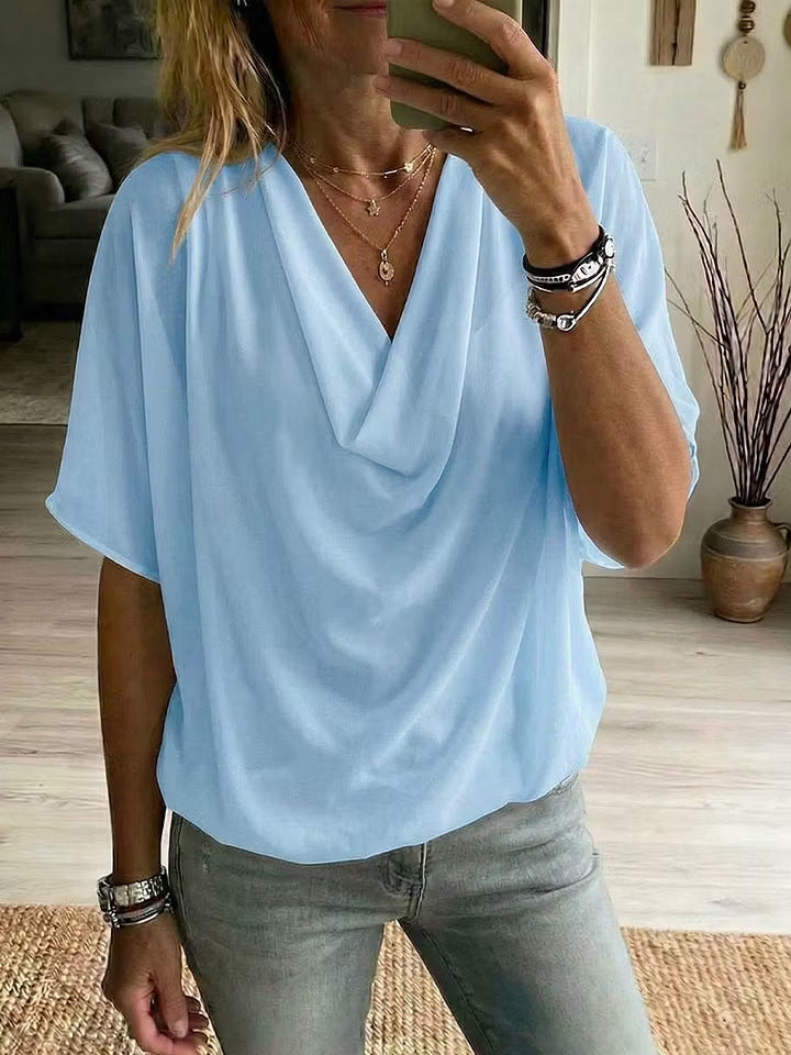 Elegant Cowl Neck Blouse with Short Sleeves