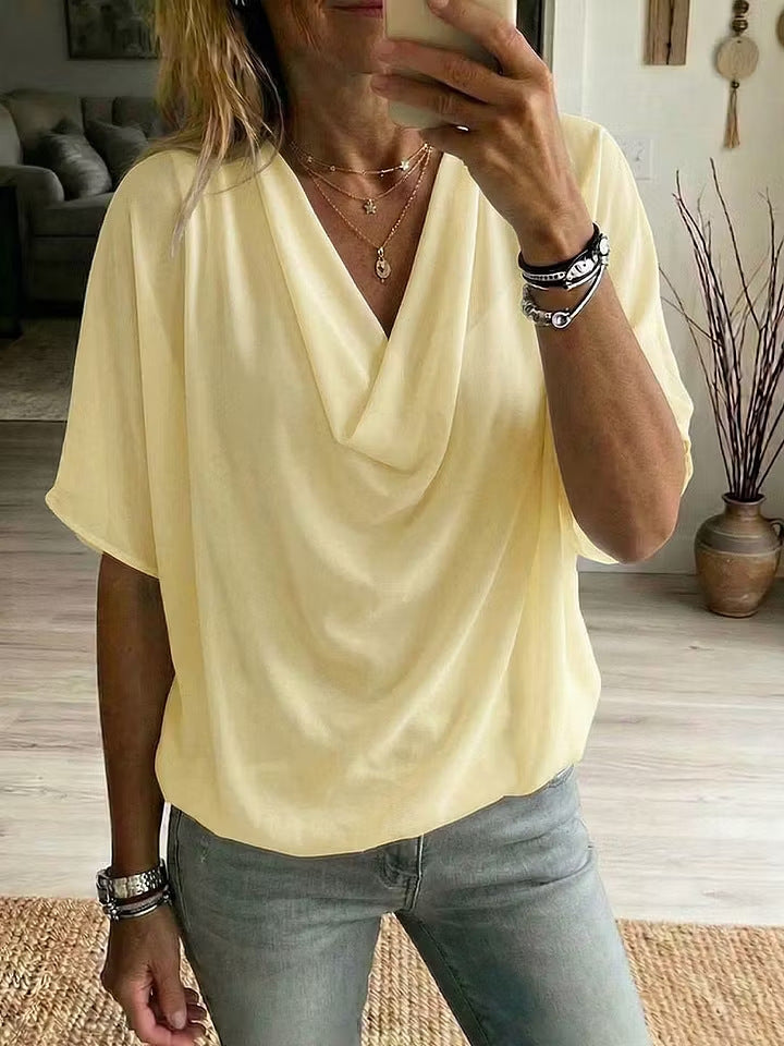 Elegant Cowl Neck Blouse with Short Sleeves