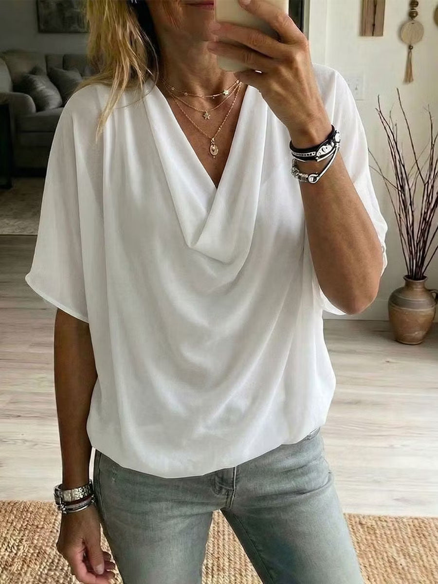 Elegant Cowl Neck Blouse with Short Sleeves