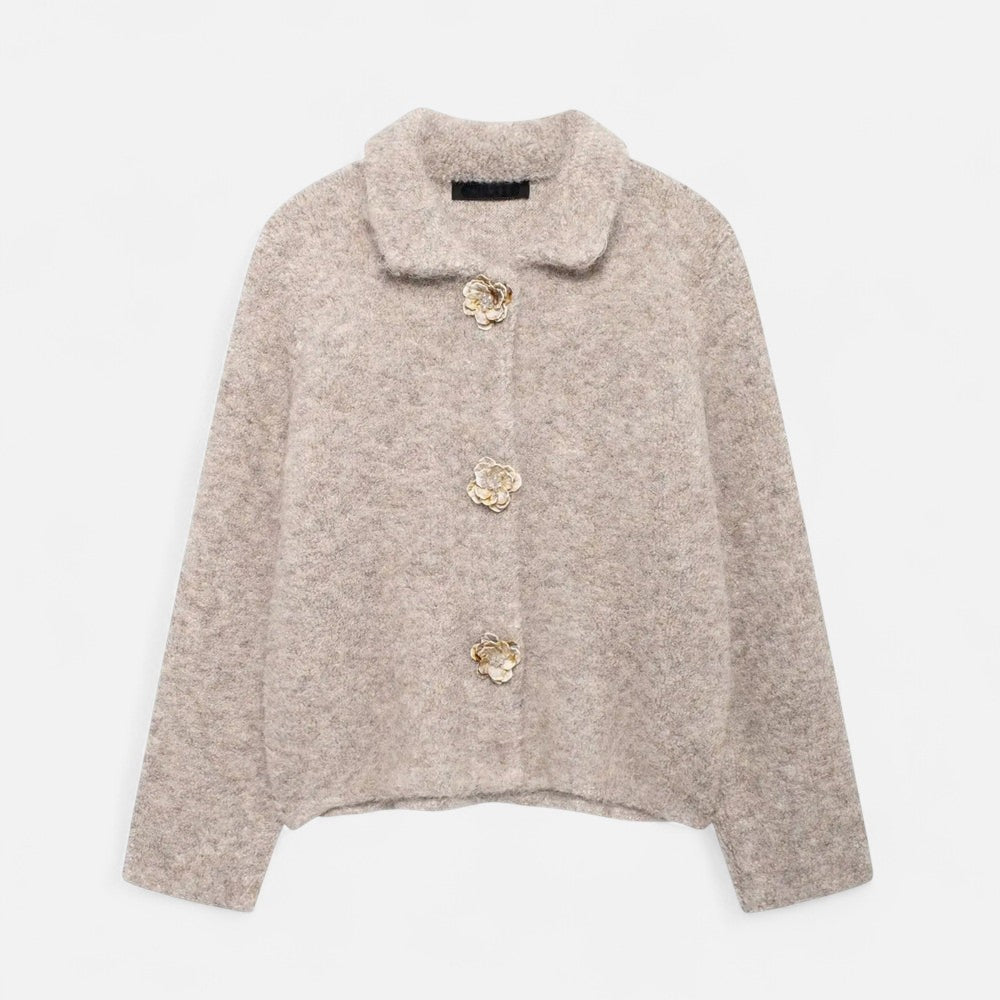 Elegant Cropped Jacket with Gold Flower Buttons