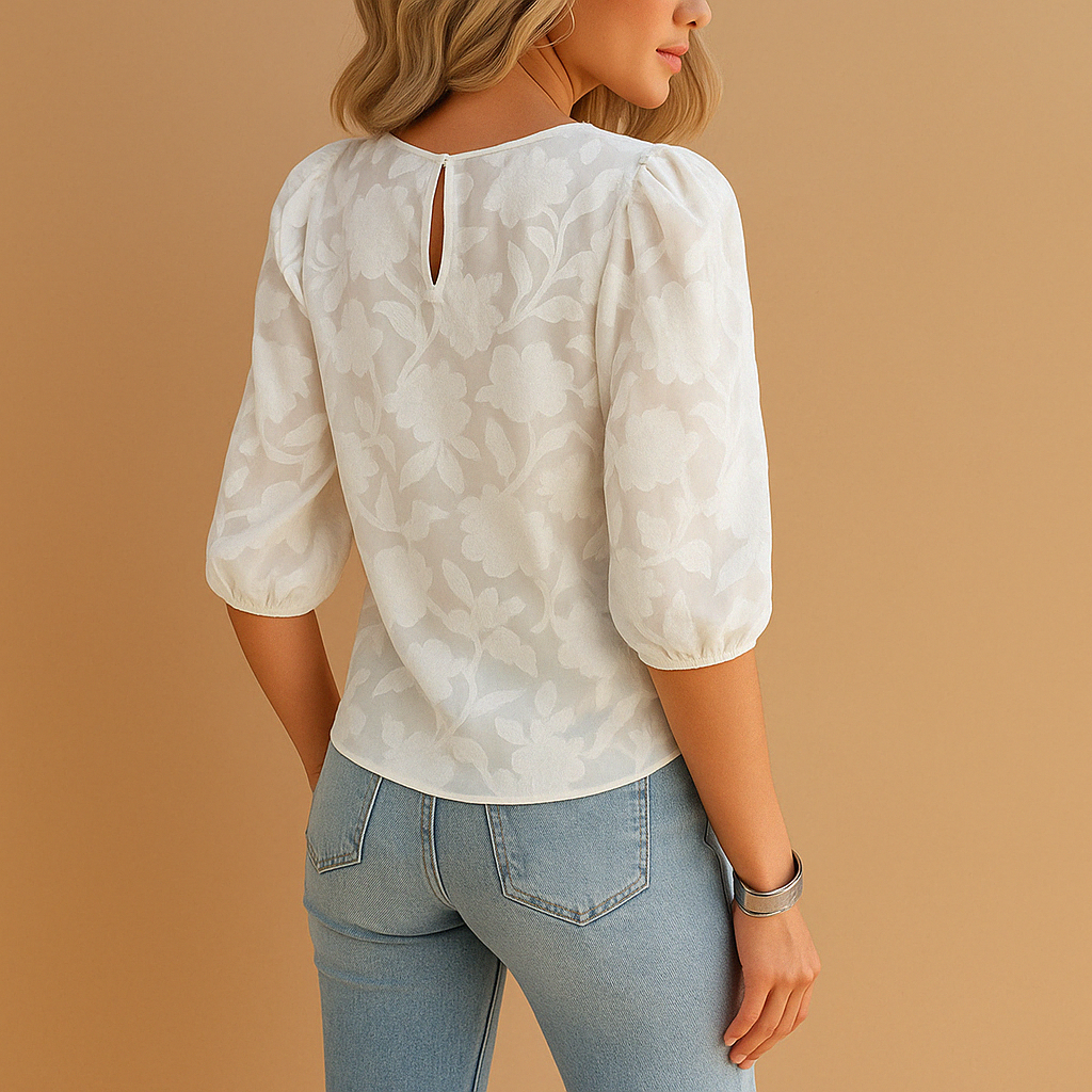 Elegant Floral Jacquard Blouse with Puff Sleeves and Round Neck