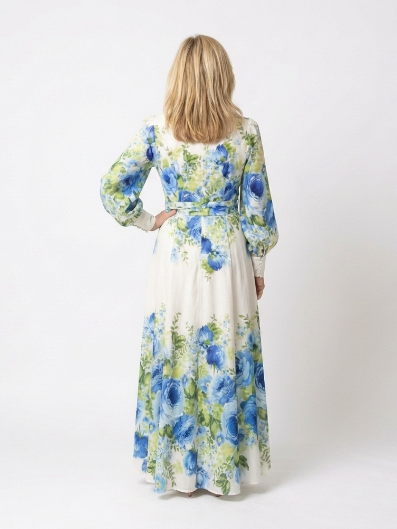 Elegant Floral Maxi Dress with Long Sleeves and Tie Waist