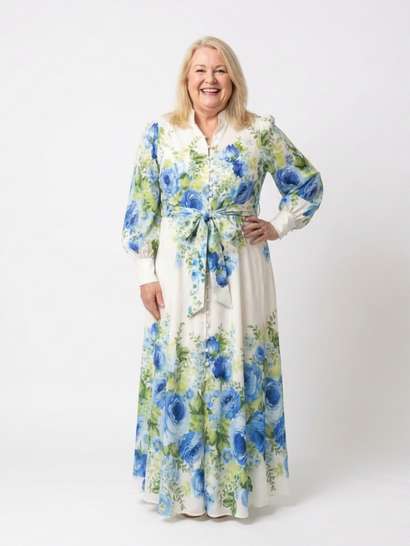 Elegant Floral Maxi Dress with Long Sleeves and Tie Waist