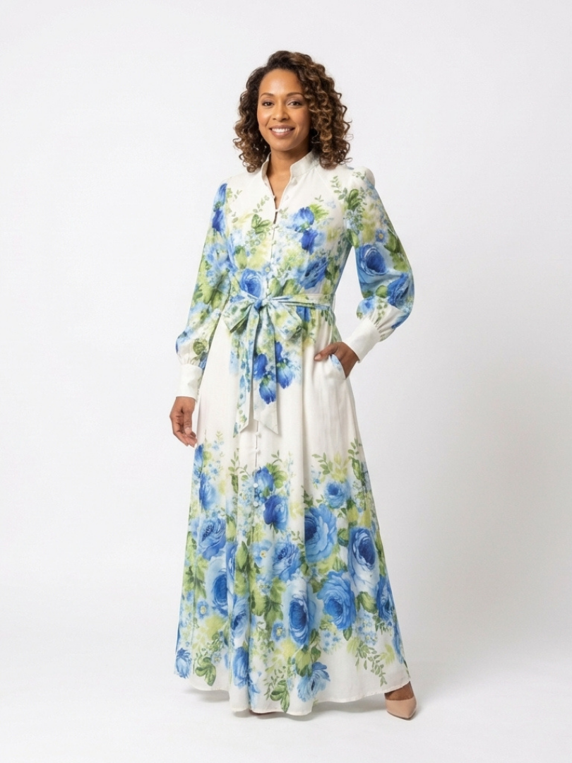 Elegant Floral Maxi Dress with Long Sleeves and Tie Waist