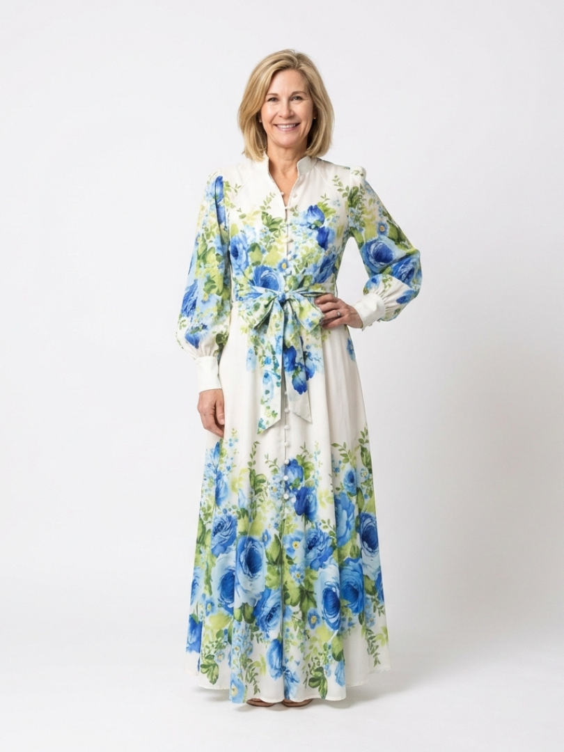 Elegant Floral Maxi Dress with Long Sleeves and Tie Waist