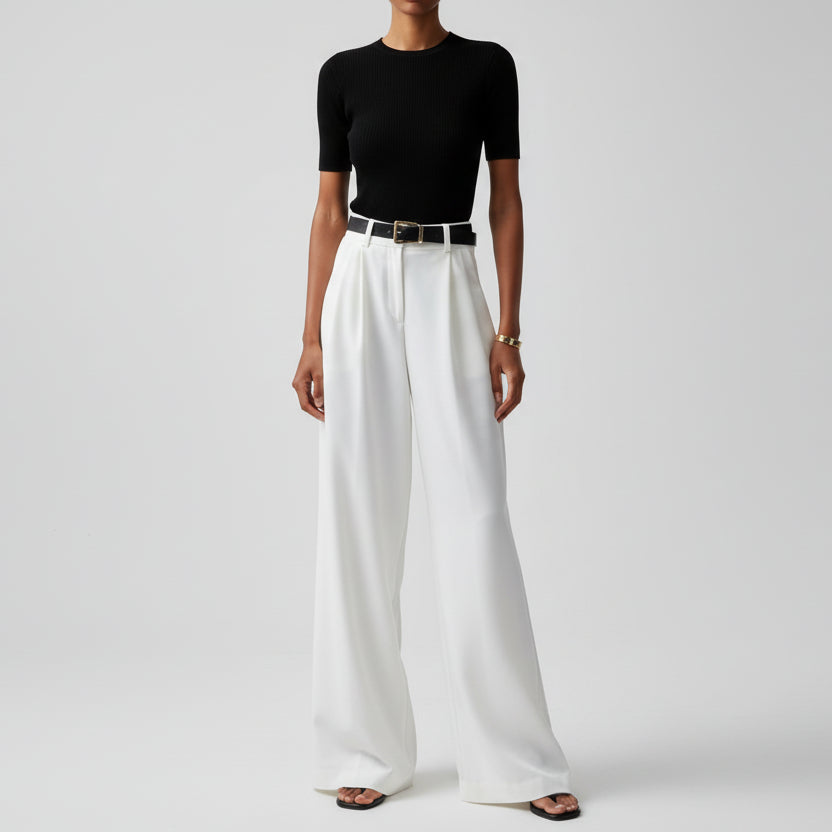 Elegant High Waisted Trousers with Wide Leg and Pleated Front