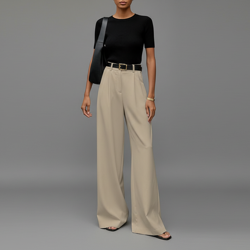 Elegant High Waisted Trousers with Wide Leg and Pleated Front