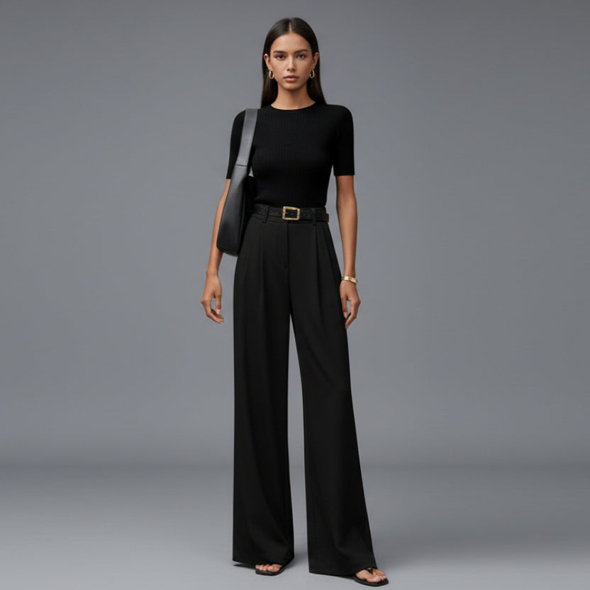 Elegant High Waisted Trousers with Wide Leg and Pleated Front