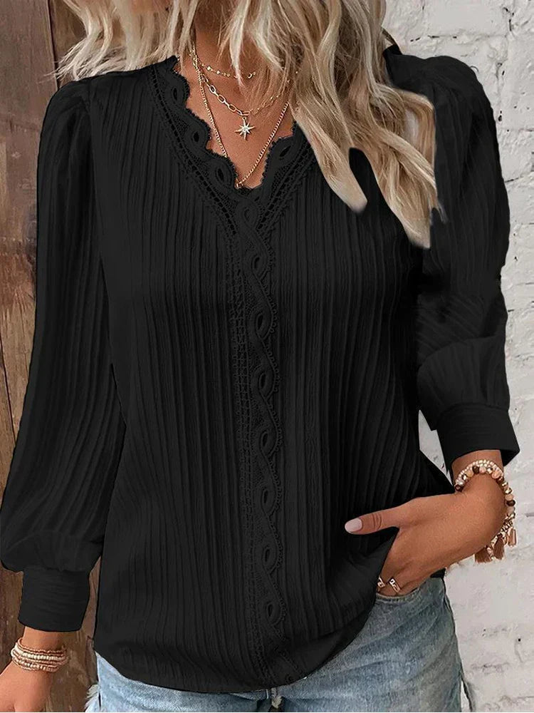 Elegant Lace Trim Blouse with V-Neckline and Puff Sleeves