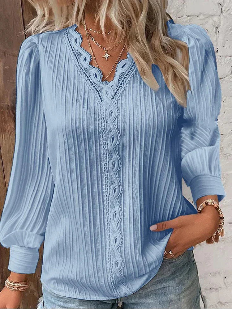 Elegant Lace Trim Blouse with V-Neckline and Puff Sleeves