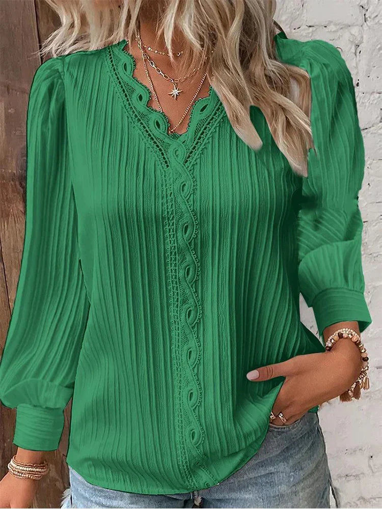 Elegant Lace Trim Blouse with V-Neckline and Puff Sleeves