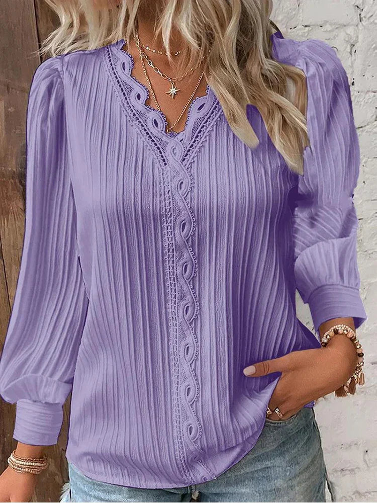 Elegant Lace Trim Blouse with V-Neckline and Puff Sleeves