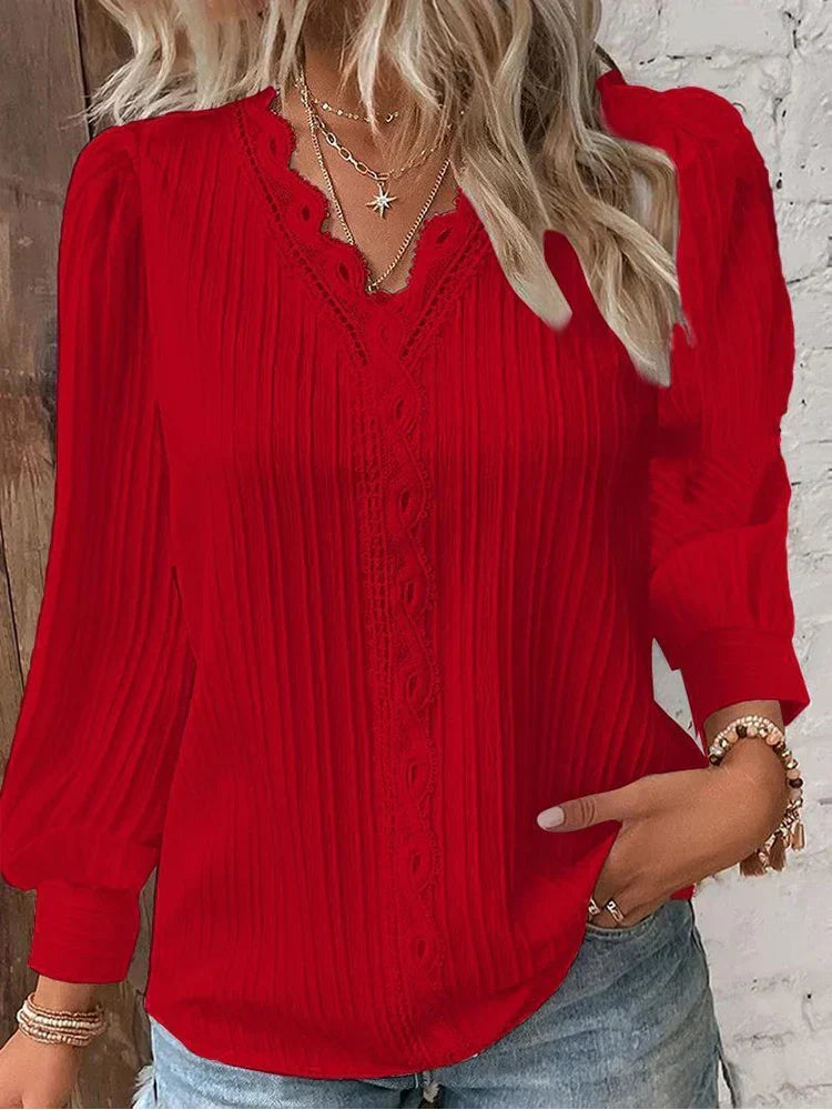 Elegant Lace Trim Blouse with V-Neckline and Puff Sleeves