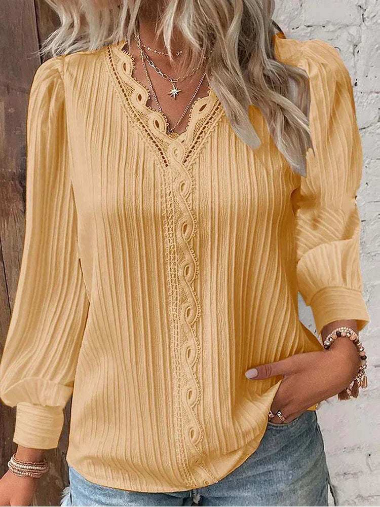 Elegant Lace Trim Blouse with V-Neckline and Puff Sleeves