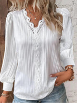 Elegant Lace Trim Blouse with V-Neckline and Puff Sleeves