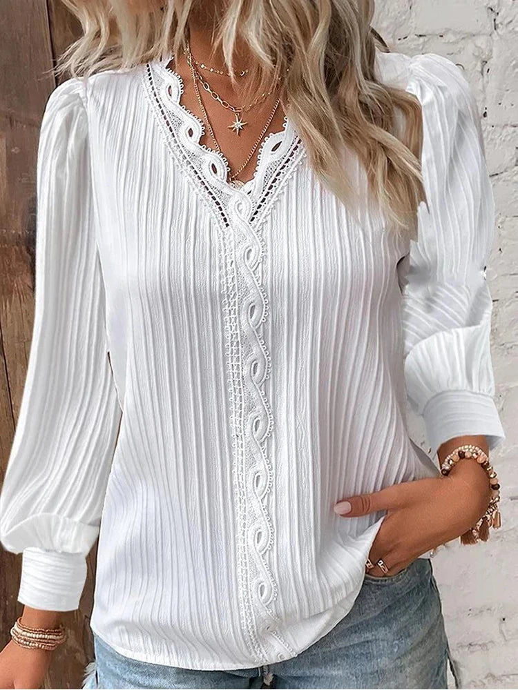 Elegant Lace Trim Blouse with V-Neckline and Puff Sleeves
