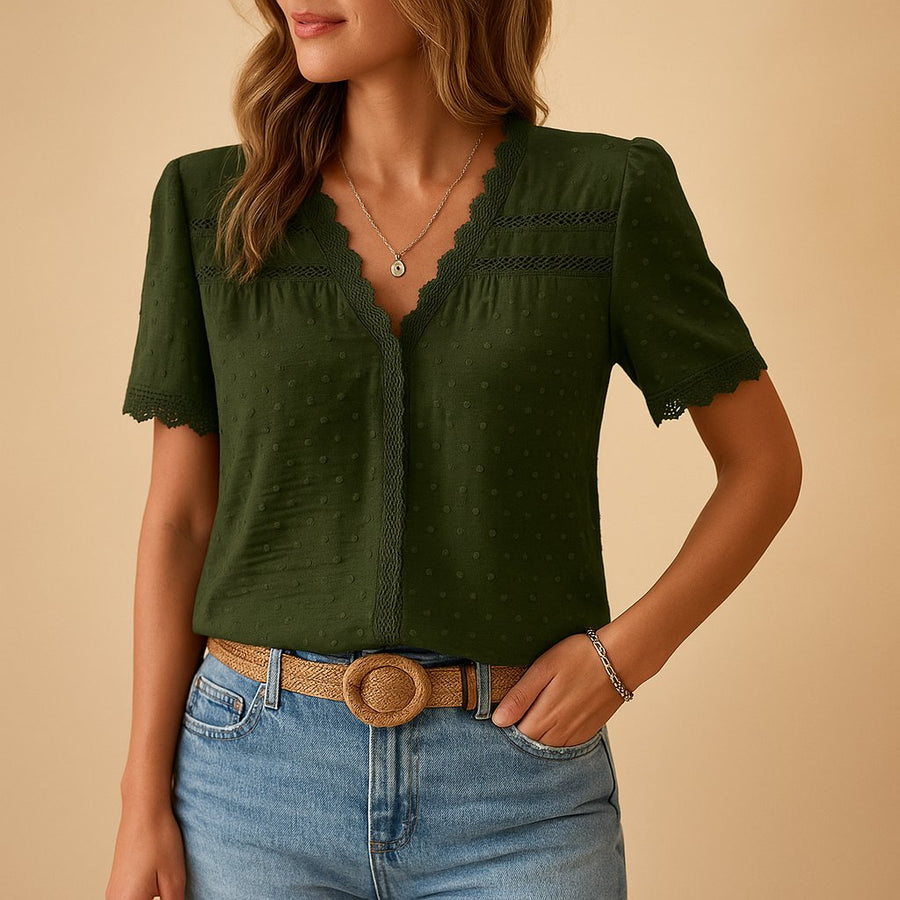 Elegant Lace Trim Blouse with V-Neckline and Swiss Dot Fabric