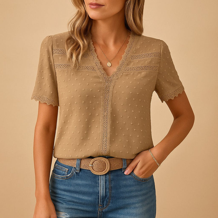 Elegant Lace Trim Blouse with V-Neckline and Swiss Dot Fabric