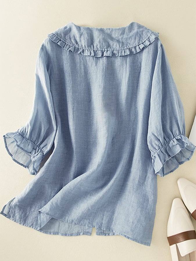 Elegant Linen Blouse with Peter Pan Collar and Ruffle Cuffs