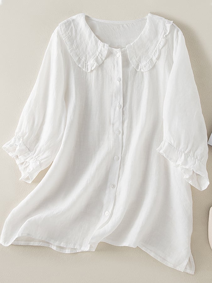 Elegant Linen Blouse with Peter Pan Collar and Ruffle Cuffs