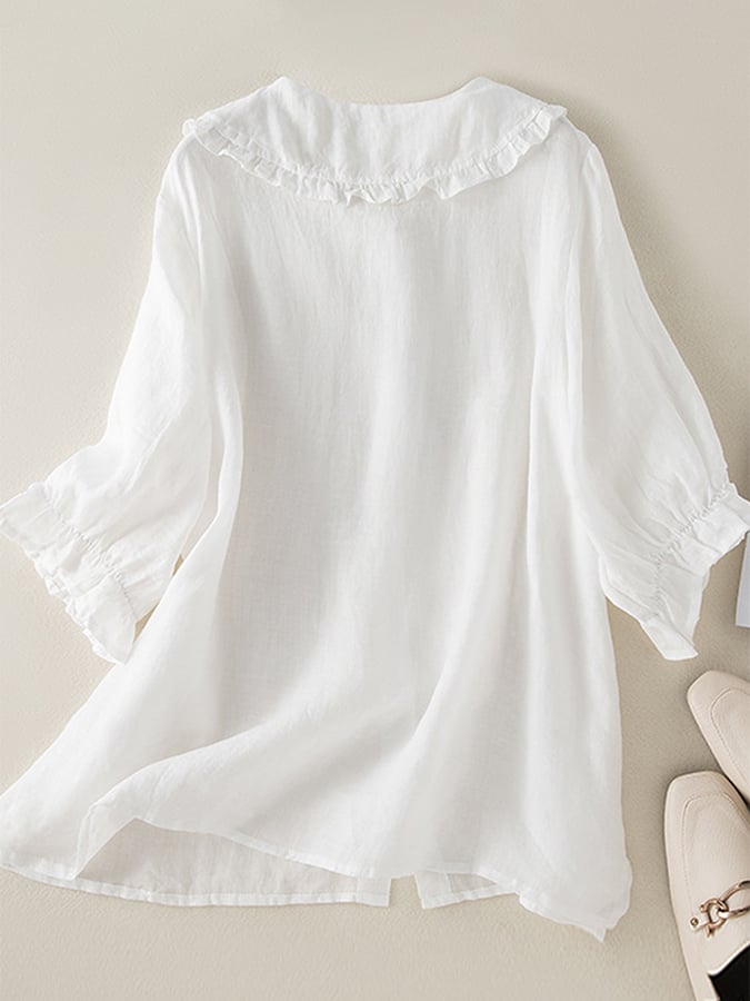 Elegant Linen Blouse with Peter Pan Collar and Ruffle Cuffs