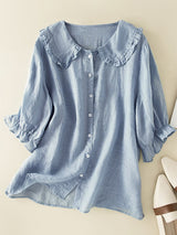 Elegant Linen Blouse with Peter Pan Collar and Ruffle Cuffs