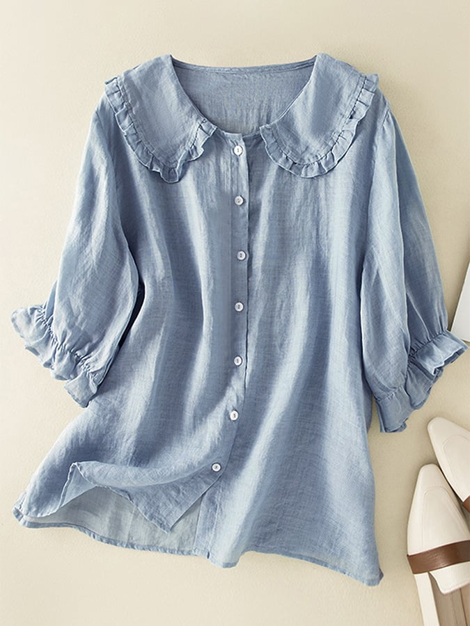 Elegant Linen Blouse with Peter Pan Collar and Ruffle Cuffs