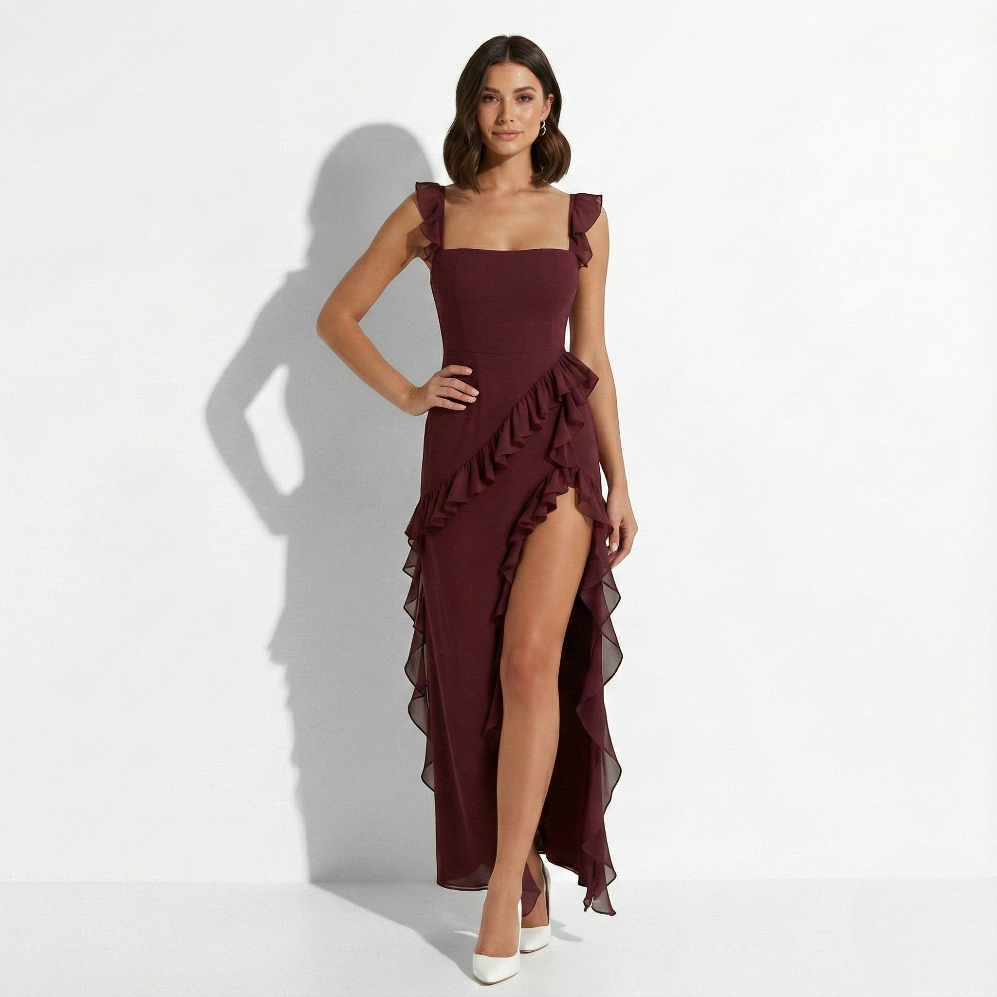 Elegant Maxi Dress with Ruffle Detail and High Side Slit
