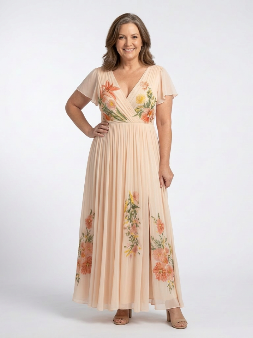 Elegant Pleated Maxi Dress with Flutter Sleeves and Placed Floral Print