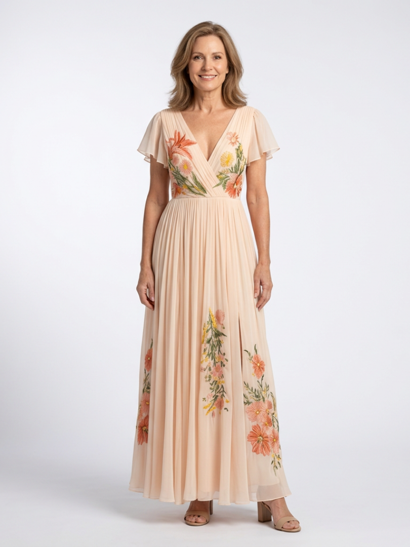 Elegant Pleated Maxi Dress with Flutter Sleeves and Placed Floral Print