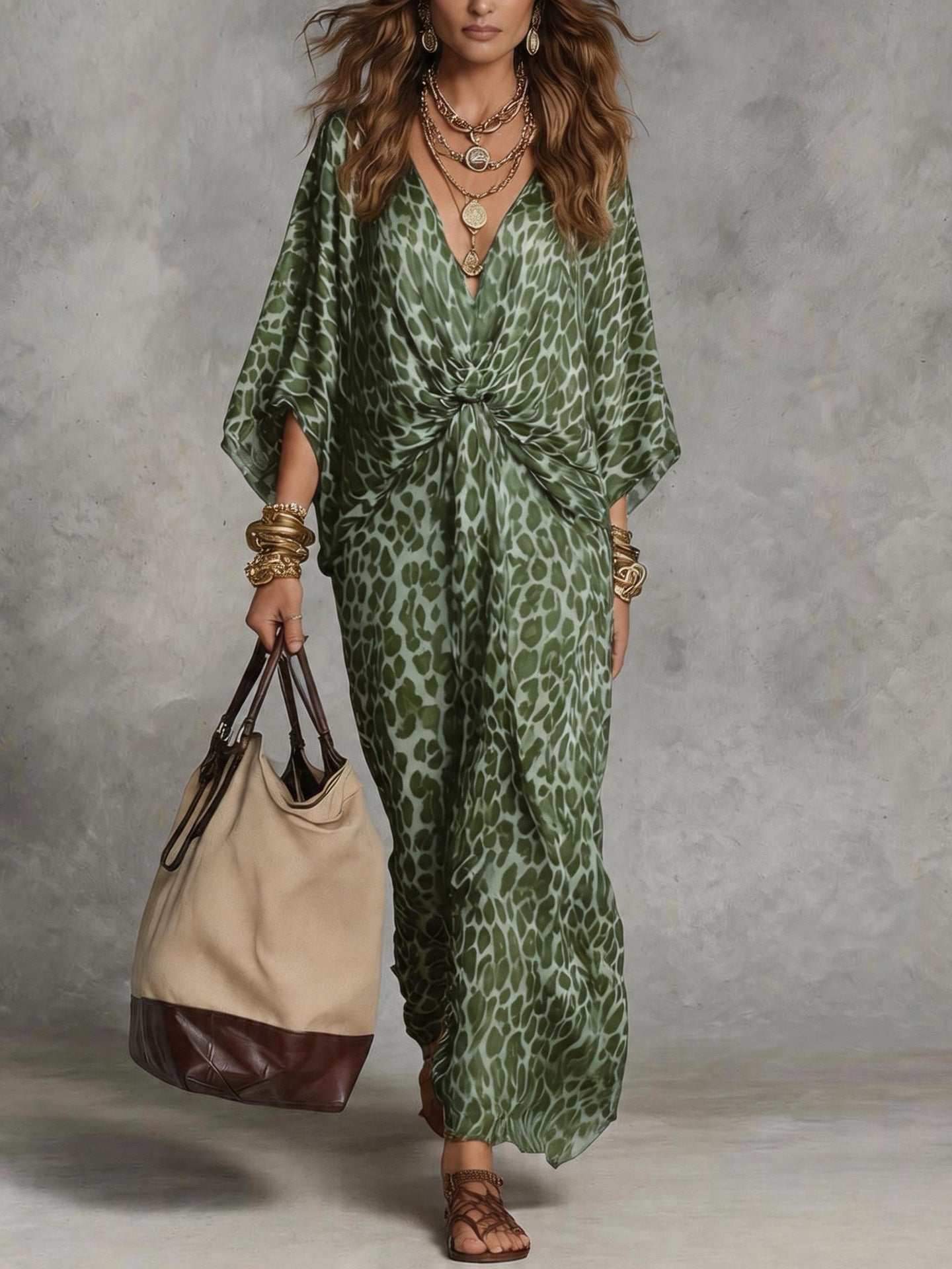 Elegant Print Maxi Dress with Twist Front and Batwing Sleeves