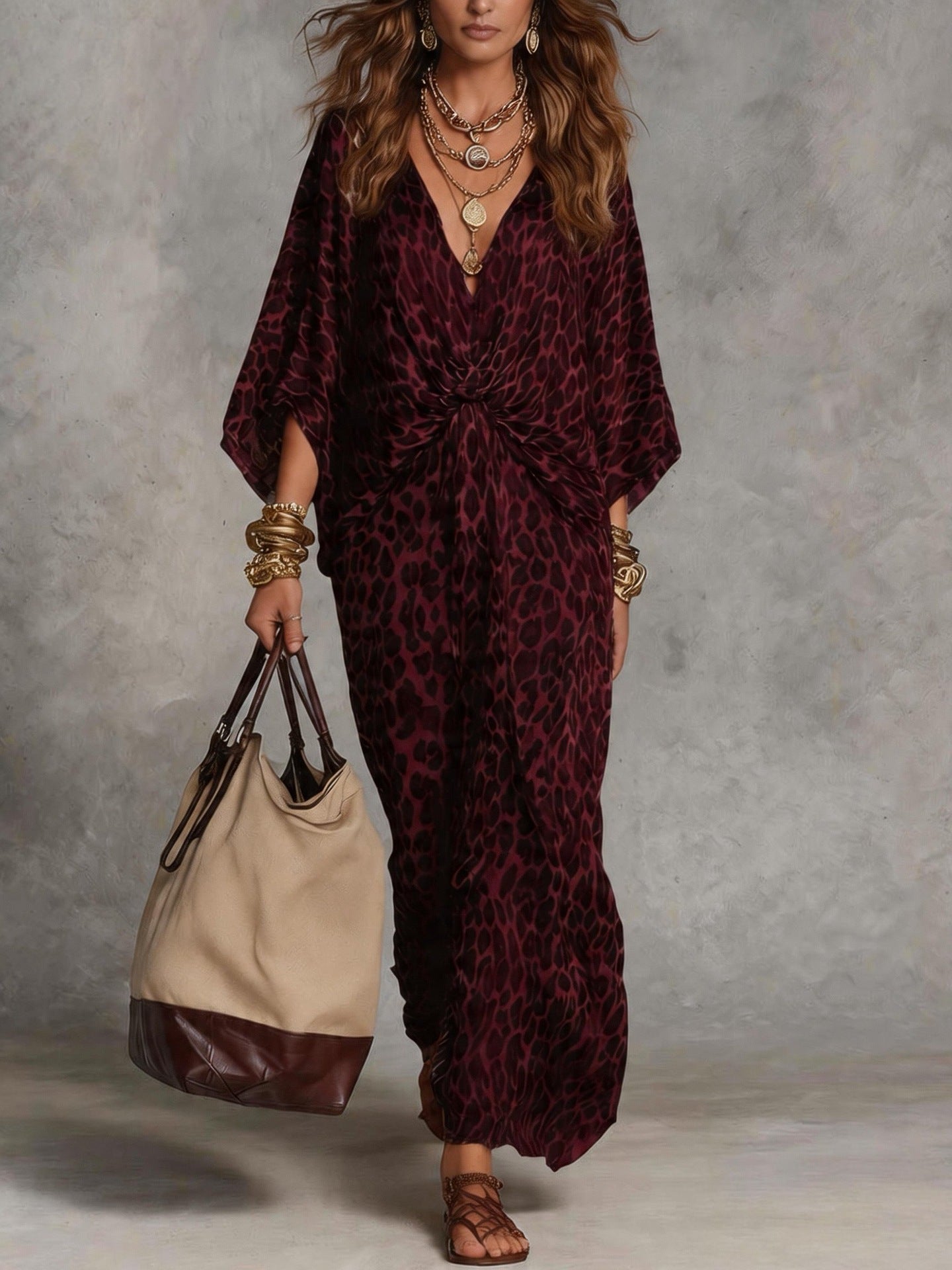 Elegant Print Maxi Dress with Twist Front and Batwing Sleeves