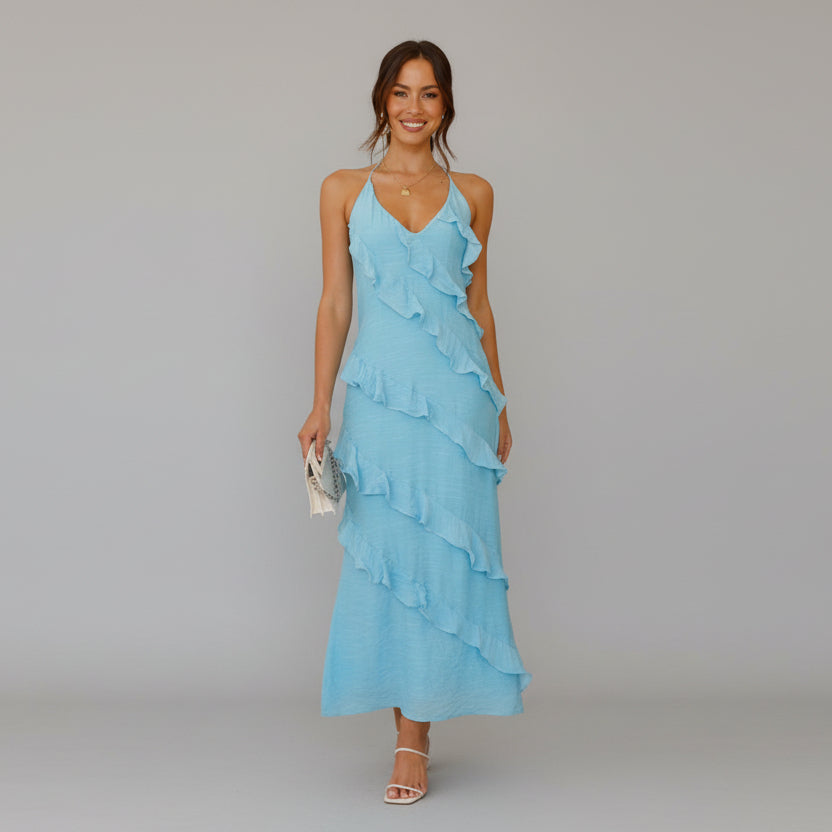 Elegant Ruffle Maxi Dress with V-Neckline and Thin Straps