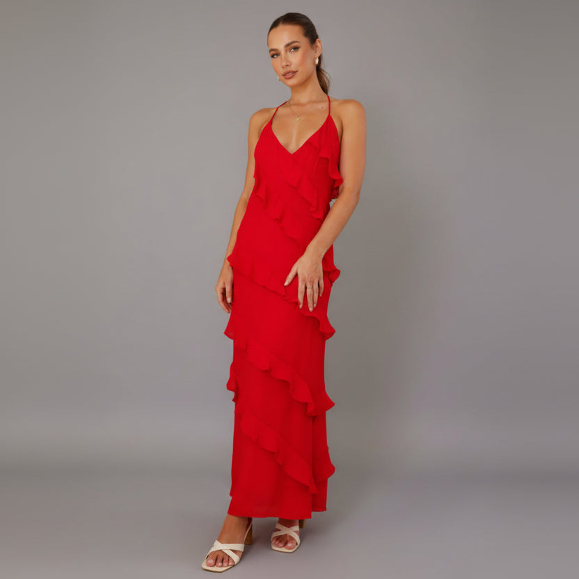 Elegant Ruffle Maxi Dress with V-Neckline and Thin Straps