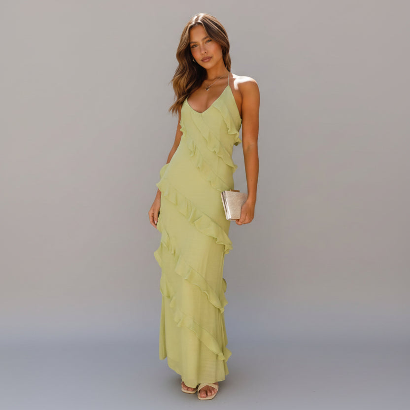 Elegant Ruffle Maxi Dress with V-Neckline and Thin Straps
