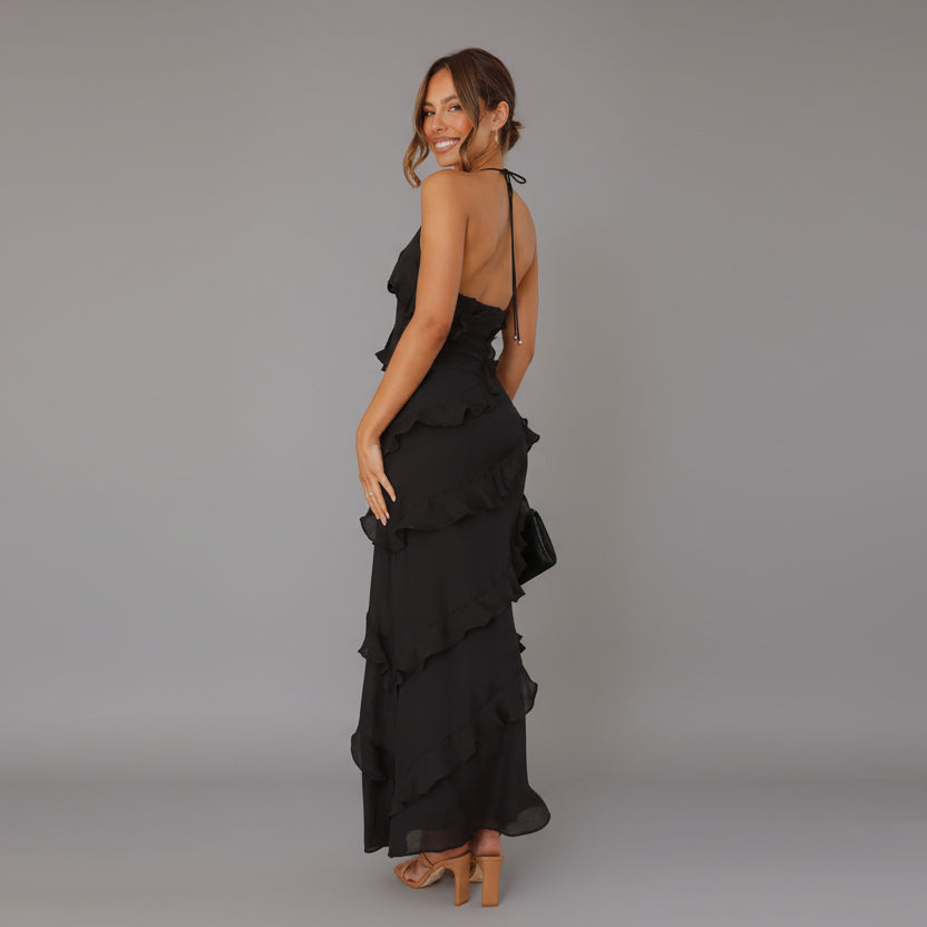 Elegant Ruffle Maxi Dress with V-Neckline and Thin Straps