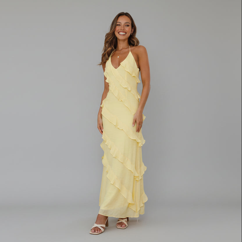 Elegant Ruffle Maxi Dress with V-Neckline and Thin Straps