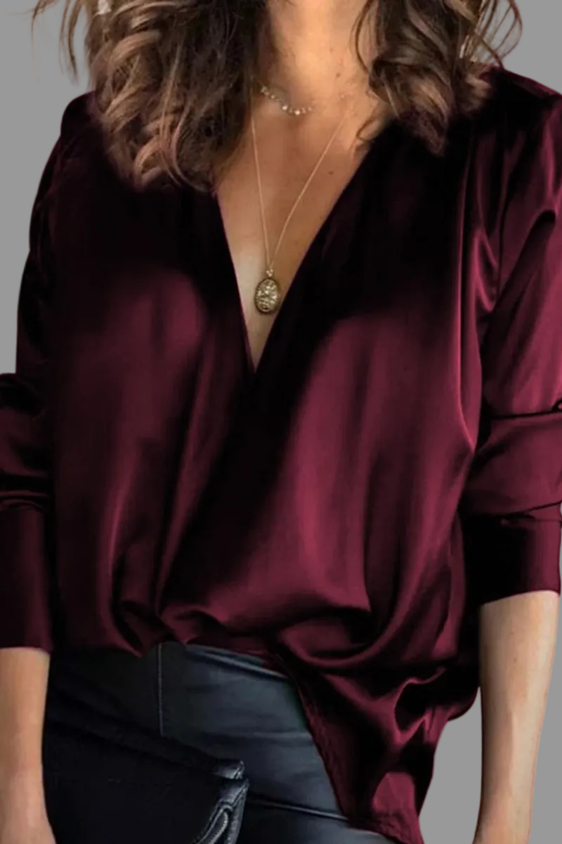 Elegant Satin Blouse with Deep V-Neckline and Long Sleeves