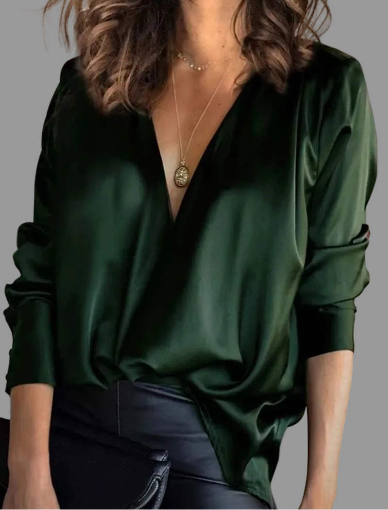 Elegant Satin Blouse with Deep V-Neckline and Long Sleeves