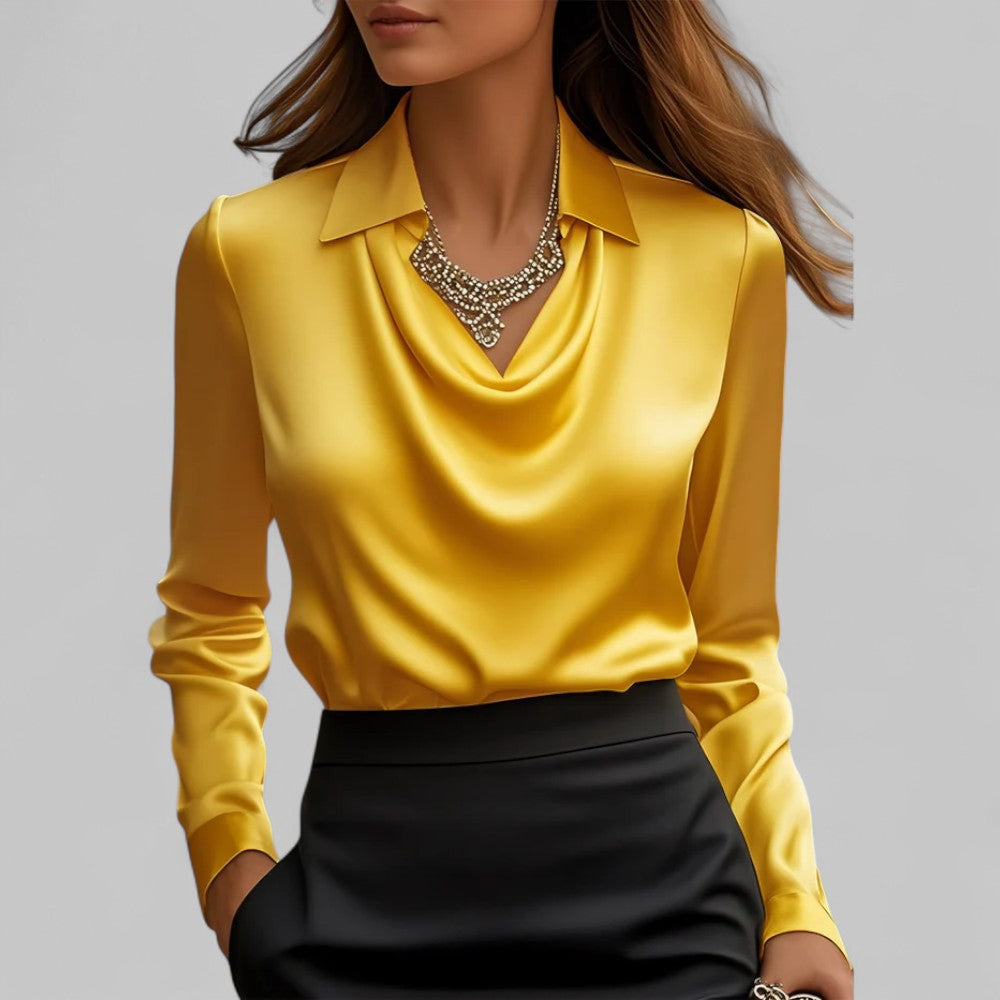 Elegant Satin Blouse with Draped Neckline and Classic Collar