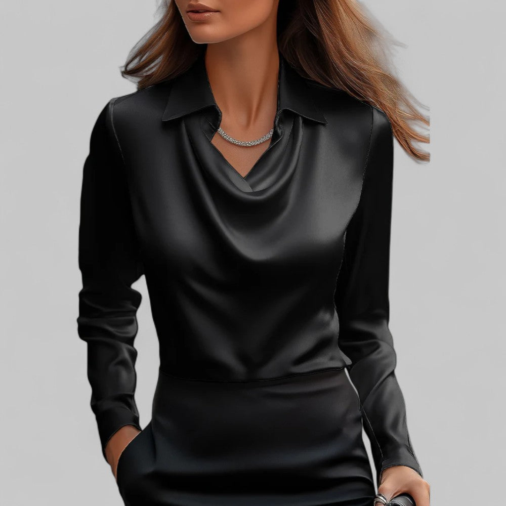 Elegant Satin Blouse with Draped Neckline and Classic Collar