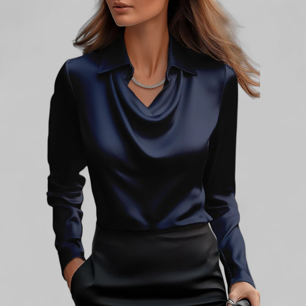 Elegant Satin Blouse with Draped Neckline and Classic Collar