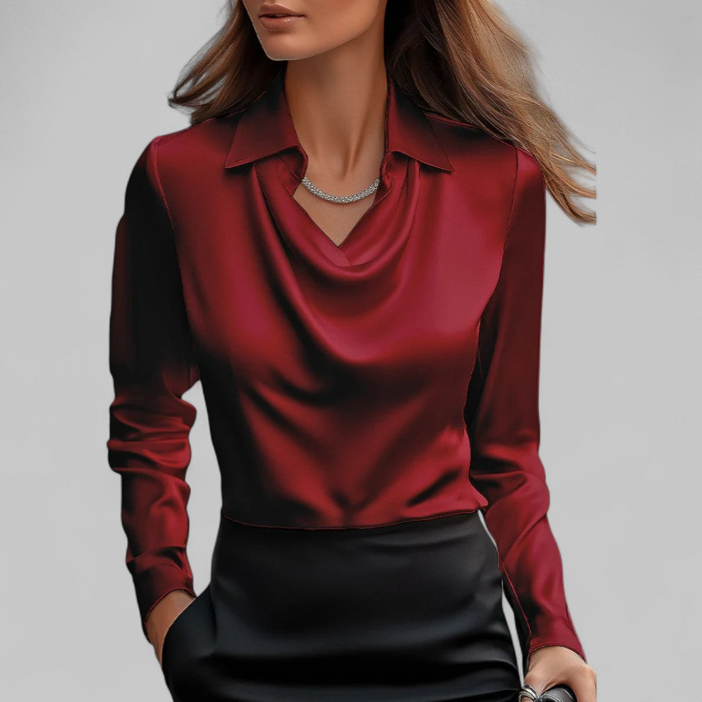 Elegant Satin Blouse with Draped Neckline and Classic Collar