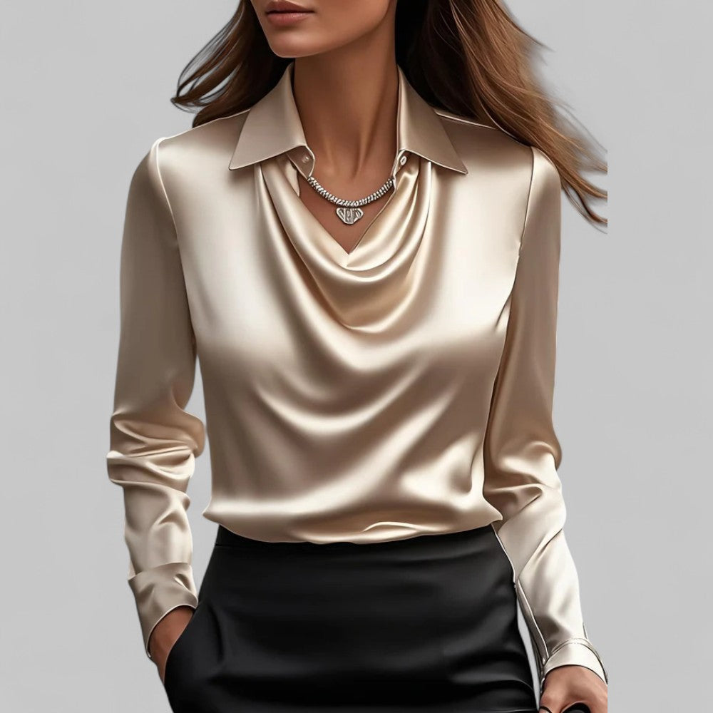 Elegant Satin Blouse with Draped Neckline and Classic Collar