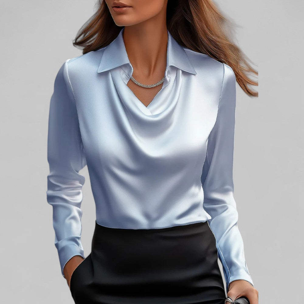 Elegant Satin Blouse with Draped Neckline and Classic Collar