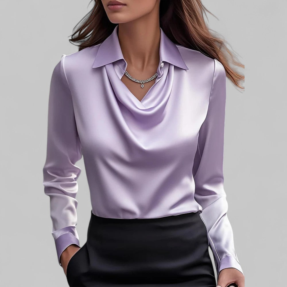 Elegant Satin Blouse with Draped Neckline and Classic Collar
