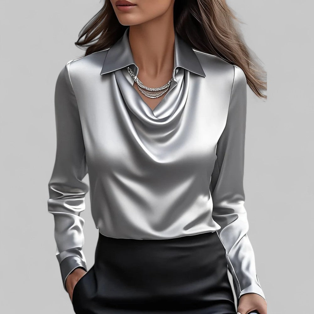 Elegant Satin Blouse with Draped Neckline and Classic Collar